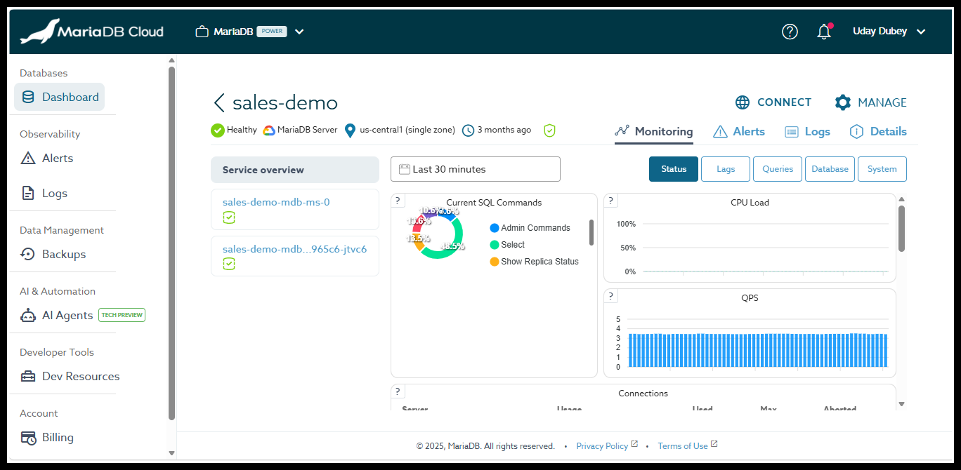 Monitoring dashboard showing service status, database, and operating system metrics, log access, and navigation tabs for service and server-level views.