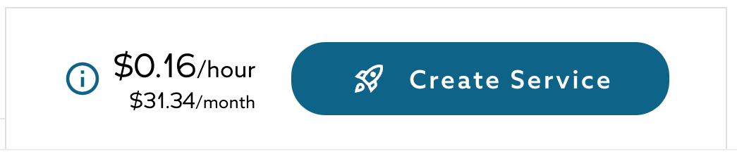 Sticky footer showing the estimated hourly and monthly cost and the Create Service button.
