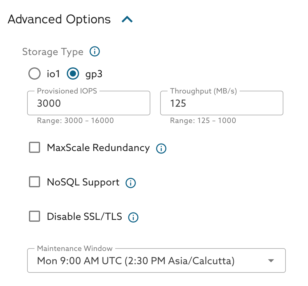 Advanced Options panel: storage type (io1 or gp3), provisioned IOPS, throughput, MaxScale redundancy, NoSQL support, disable SSL/TLS, and maintenance window.