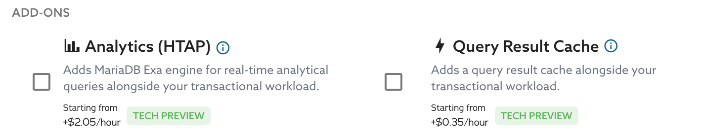 Add-on cards for Analytics (HTAP) and Query Result Cache, both marked Tech Preview with starting prices.