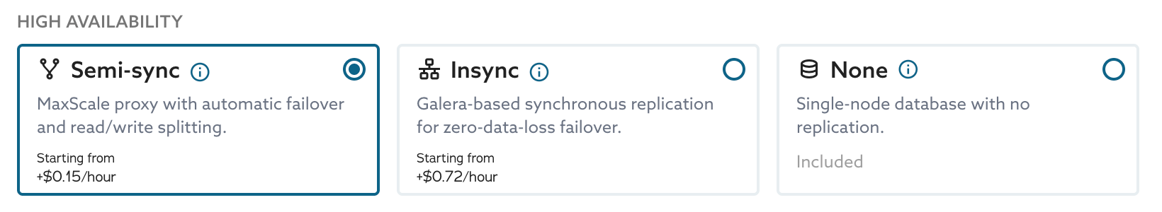 High Availability tiles: Semi-sync with a MaxScale proxy, Insync with Galera-based synchronous replication, and None.