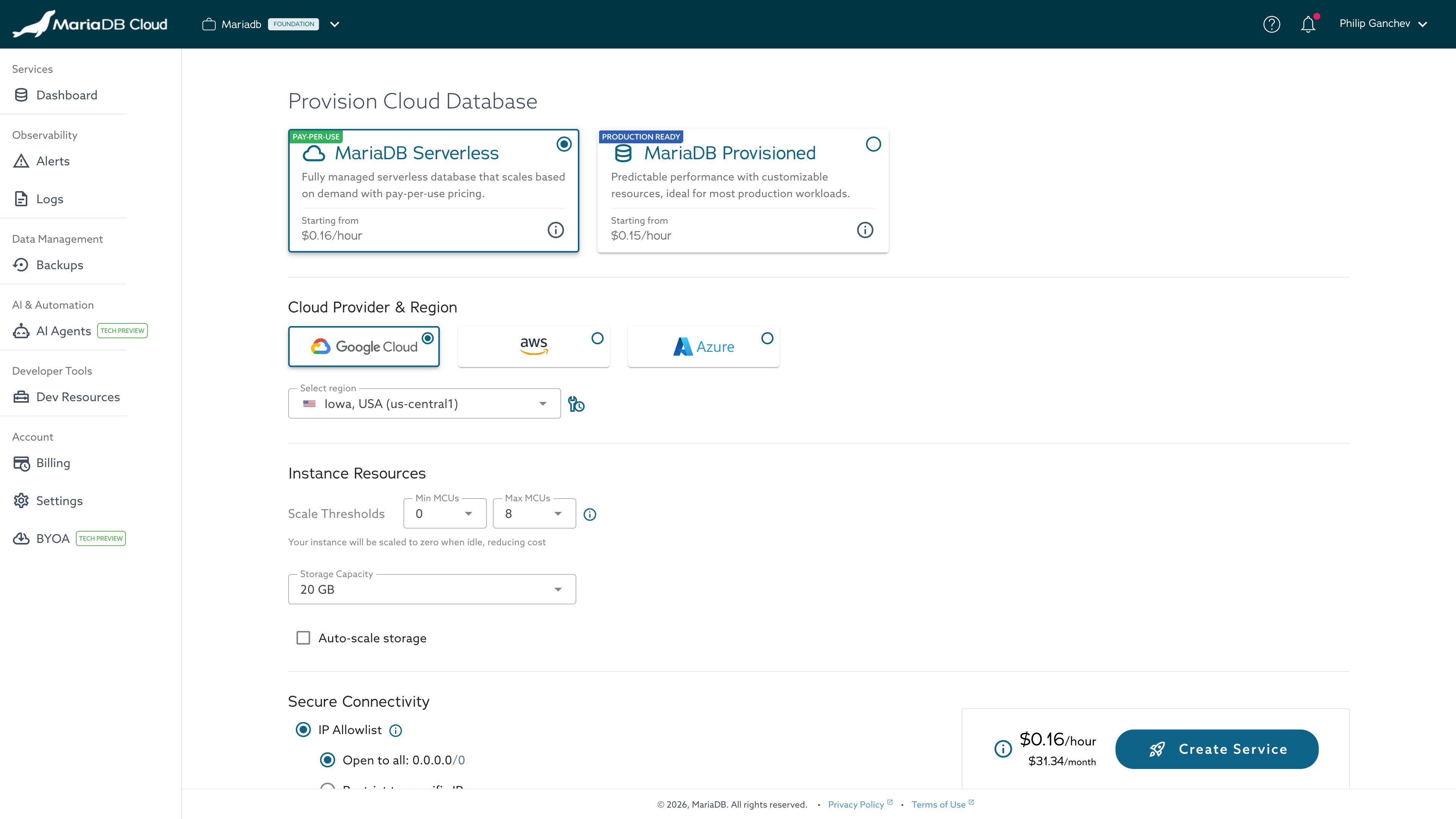 Provision Cloud Database page with MariaDB Serverless selected, showing topology cards, cloud provider and region, instance resources, and a live cost estimate in the footer.