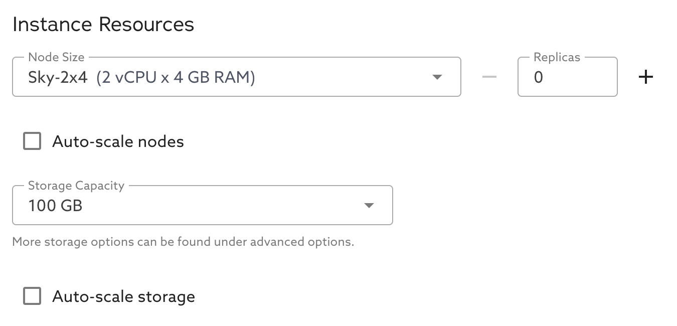 Instance Resources for a Provisioned service: node size, replicas, auto-scale nodes, storage capacity, and auto-scale storage.