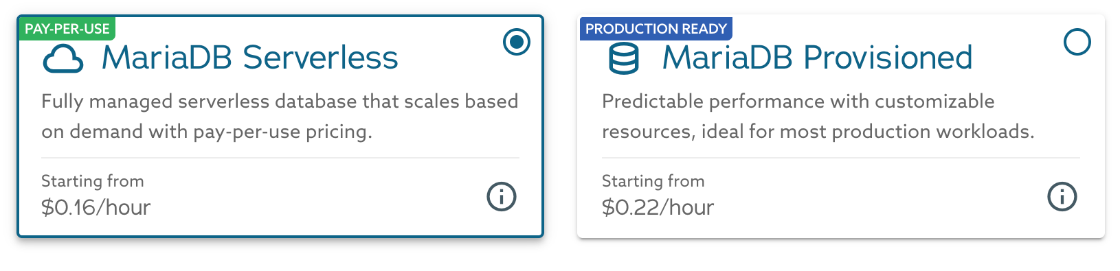 Topology cards for MariaDB Serverless (pay-per-use) and MariaDB Provisioned (production ready), each with a starting hourly price.