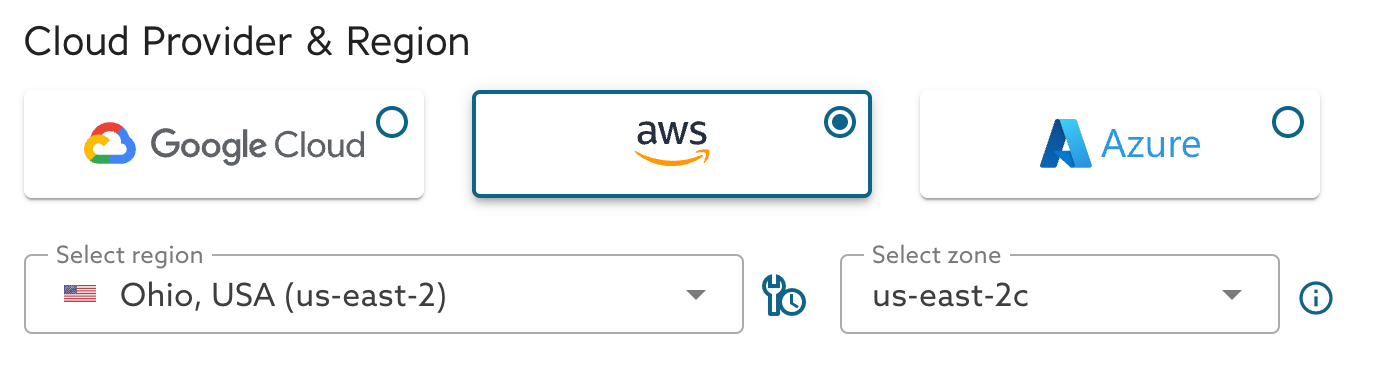 Cloud provider tiles for Google Cloud, AWS, and Azure, with region and availability zone selectors.
