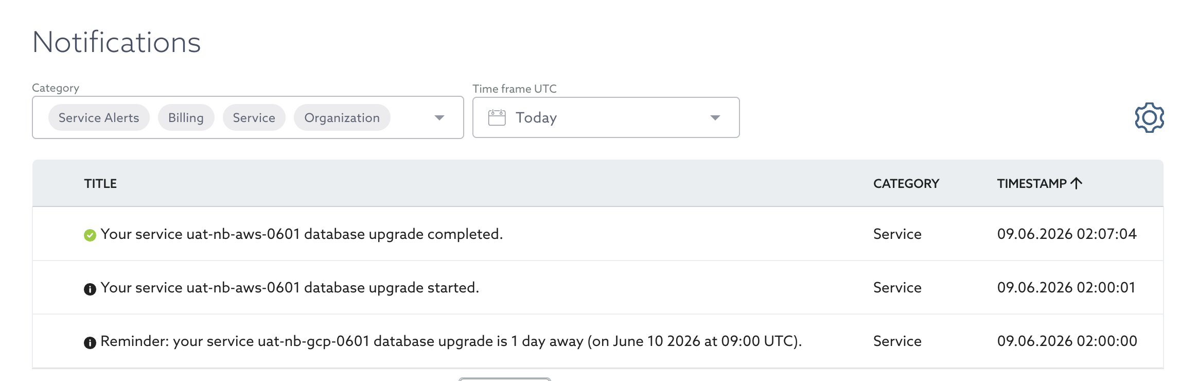 Notifications page listing maintenance events: an advance reminder one day before a database upgrade, an upgrade-started notification, and an upgrade-completed notification.