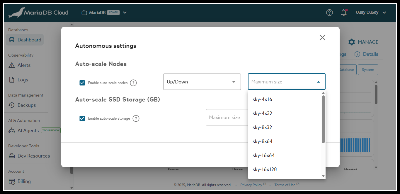 Autonomous Settings enables automatic scaling of node count, node size, and storage capacity based on workload and usage.